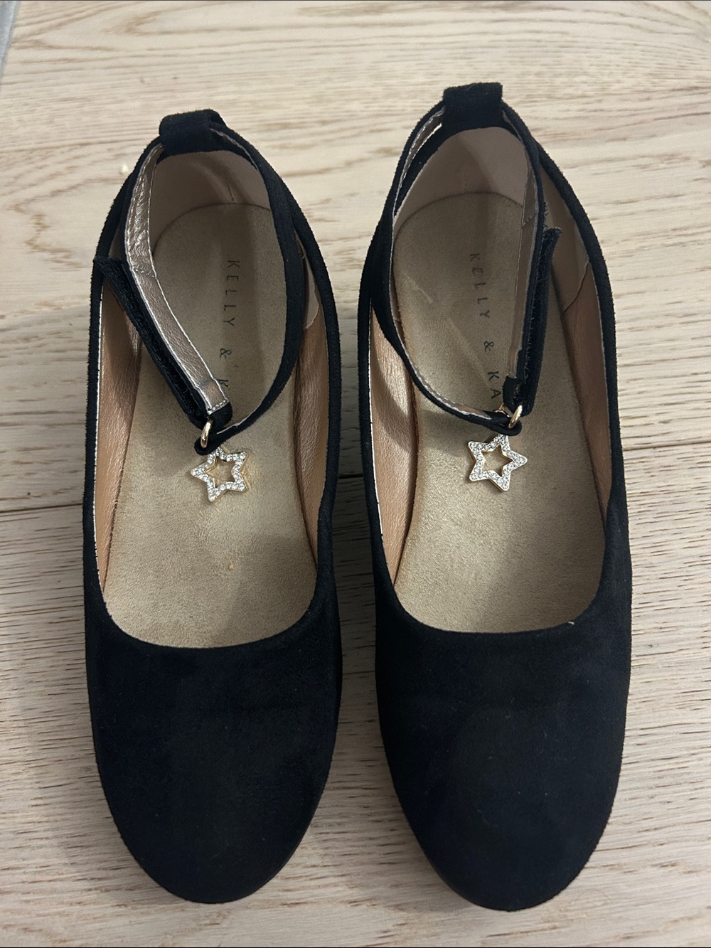Kelly & Katie Black Suede Ankle-Strap Flats with Star Charm Accent